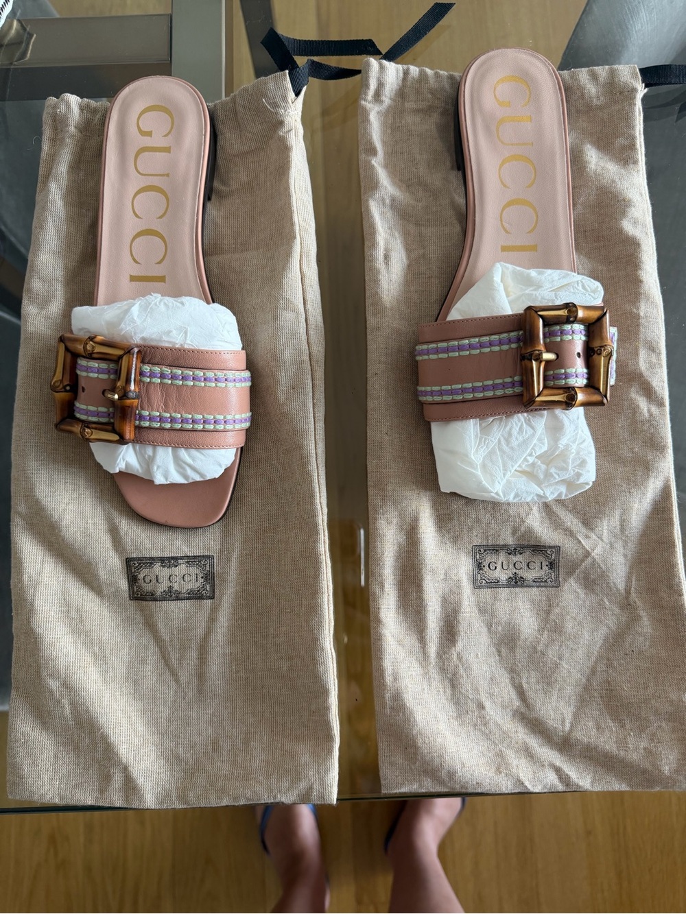 Gucci Blush Pink Bamboo Buckle Slide Sandals with Trim - Picture 1 of 9